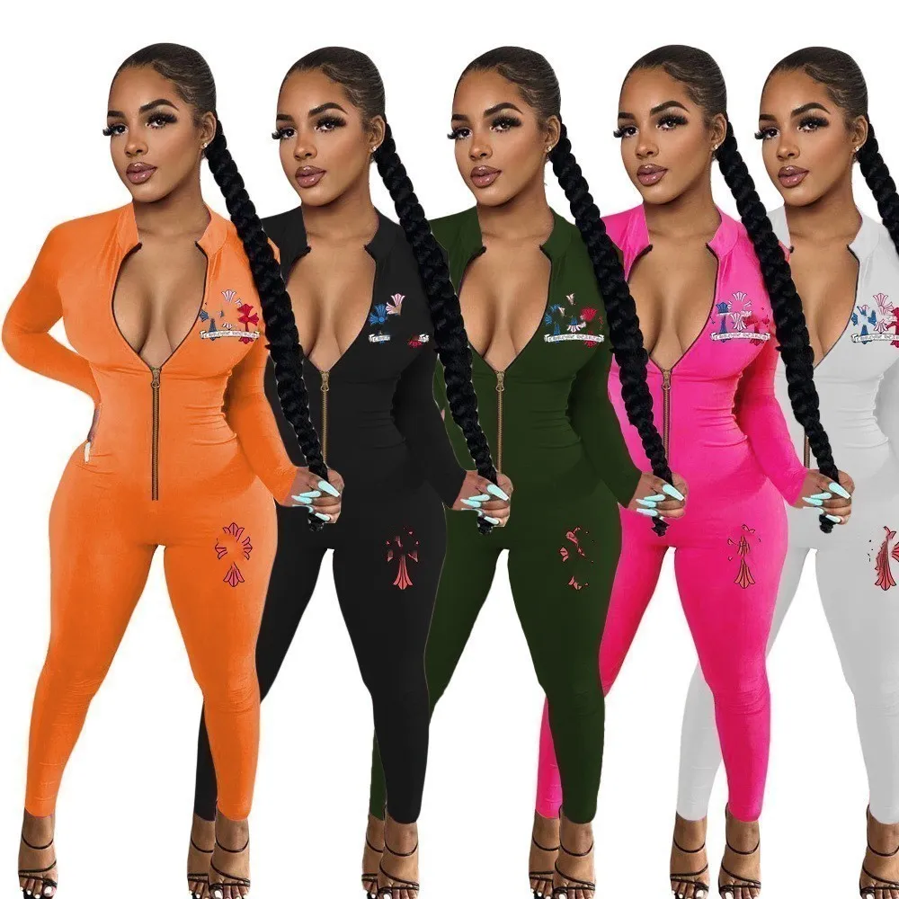 2024 Designer Brand Femmes Jumps Support Print Sautportés Bodycon One Piece Tentifiés Vêtements à manches longues Pantalons Pantalons Collar debout