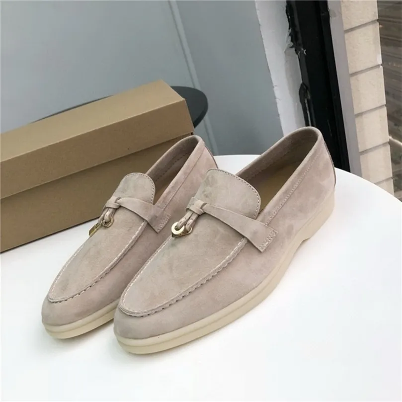 Dress Shoes Boots Women Loafers Nude Suede Flat Shoes Round Toe Slipon Metal Lock Genuine Leather Casual Lady Moccasins Summer Walking 221116