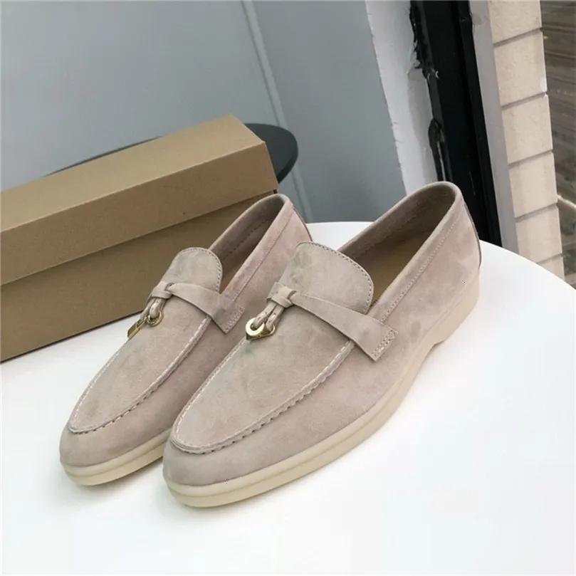 Jurk Schoenen Laarzen Vrouwen Loafers Naakt Suede Platte Schoenen Ronde Neus Slipon Metalen Slot Echt Leer Casual Lady Mocassins Zomer Wandelen 221116