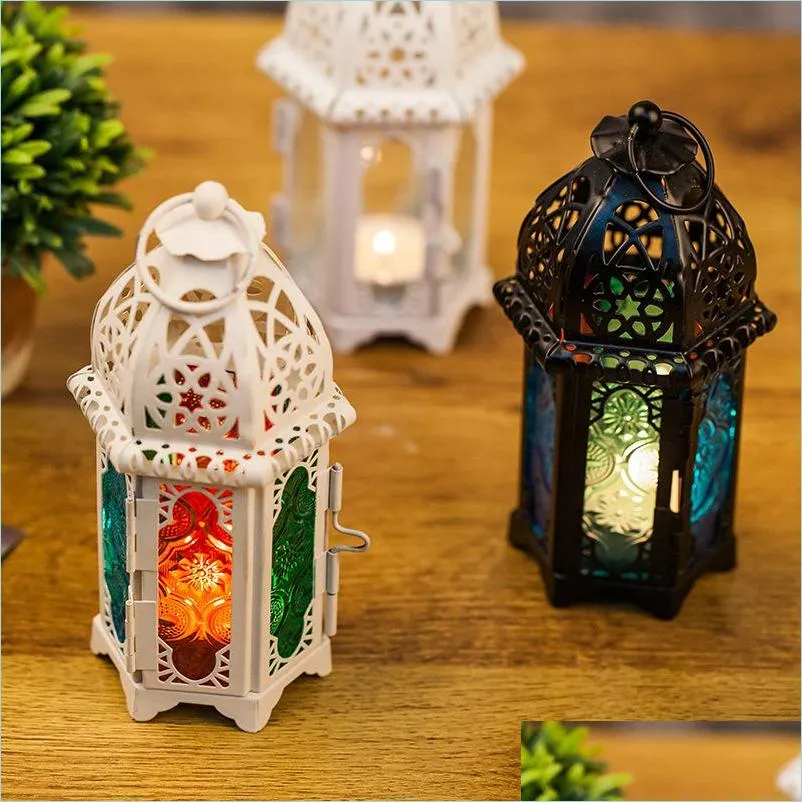 Świeczści Marokańskie szklane świecznik Uchwyt Europejski metal Creative Aromaterape Stand Iron Art Ornament Lantern Drop dostawa 2021 Dhdxo