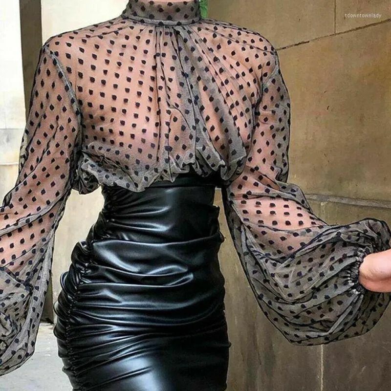 Blouses pour femmes Est Arrivées Femmes Transparent Polka Tops Transparents Lâche Sheer Mesh Dot Blouse À Manches Longues Mode Casual