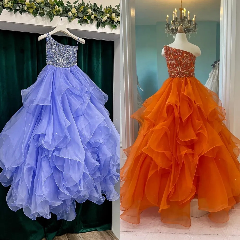 Pervenche Fille Pageant Robe 2023 Cristaux Volants Organza Robe De Bal Petits Enfants Anniversaire Une Épaule Fête Formelle Porter Robe Infant Toddler Ados Minuscule Miss Orange