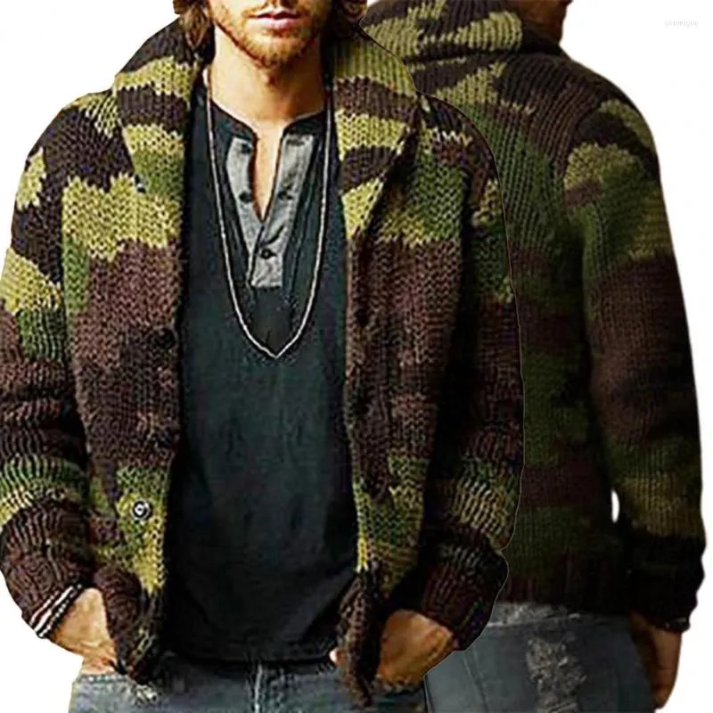 Suéteres de los hombres Color de camuflaje de moda Hombres Cárdigan de punto Otoño Invierno Suéter Botones Cierre Prendas de abrigo