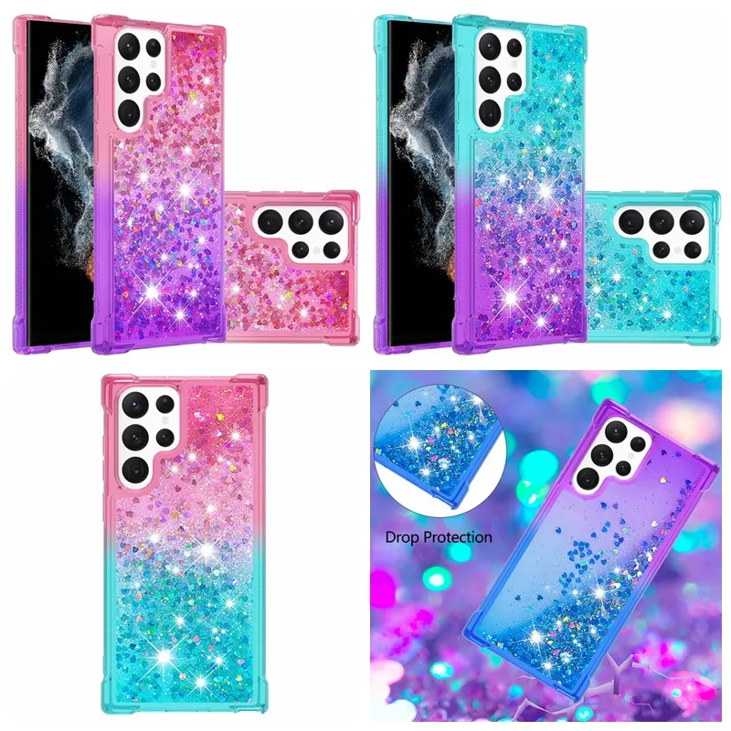 Luxury Quicksand Soft TPU Shockproof Cases For Samsung S23 Ultra Plus A24 A04E A34 A54 A14 5G Dual Color Heart Gradient Bling Glitter Liquid Anti Shock Clear Cover