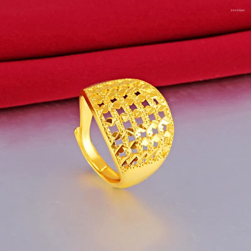 Anillos de racimo, anillo de Color oro original de 24k para mujeres y hombres, joyería fina de boda de tamaño ajustable con dedo enrejado ahuecado