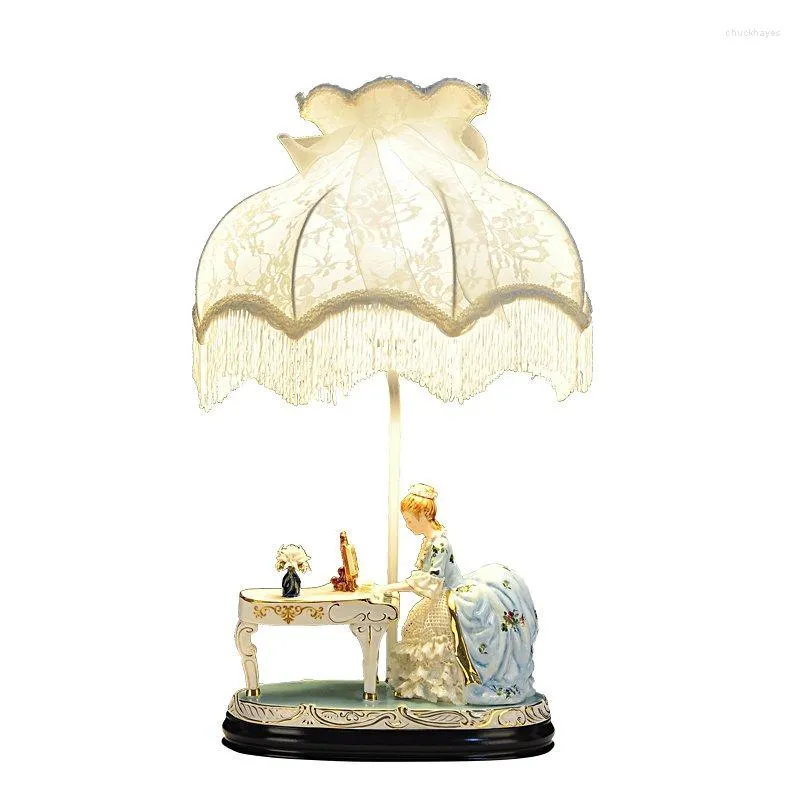 Lampes de table Céramique Européenne Salon Lumières Dame Jouant Le Piano Étude Tissu Abat-Jour Chambre Chevets Lampe De Bureau