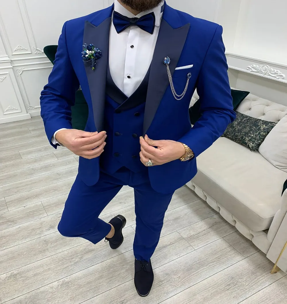 Tre stycken Royal Blue Man Wedding Tuxedos 2022 Black Shawl Lapel Waistcoat Satin Slim Men Formal Party Suits Handsome Elegant Groom Suits Coat Pant Vest