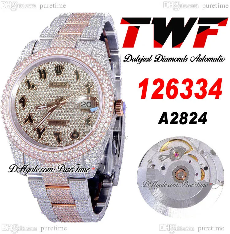 TWF V3 Full Diamonds A2824 Montre automatique pour homme Blanc deux tons RG Noir Cadran en diamant pavé d'écriture arabe et bracelet en acier 904L entièrement glacé Montres Puretime G7