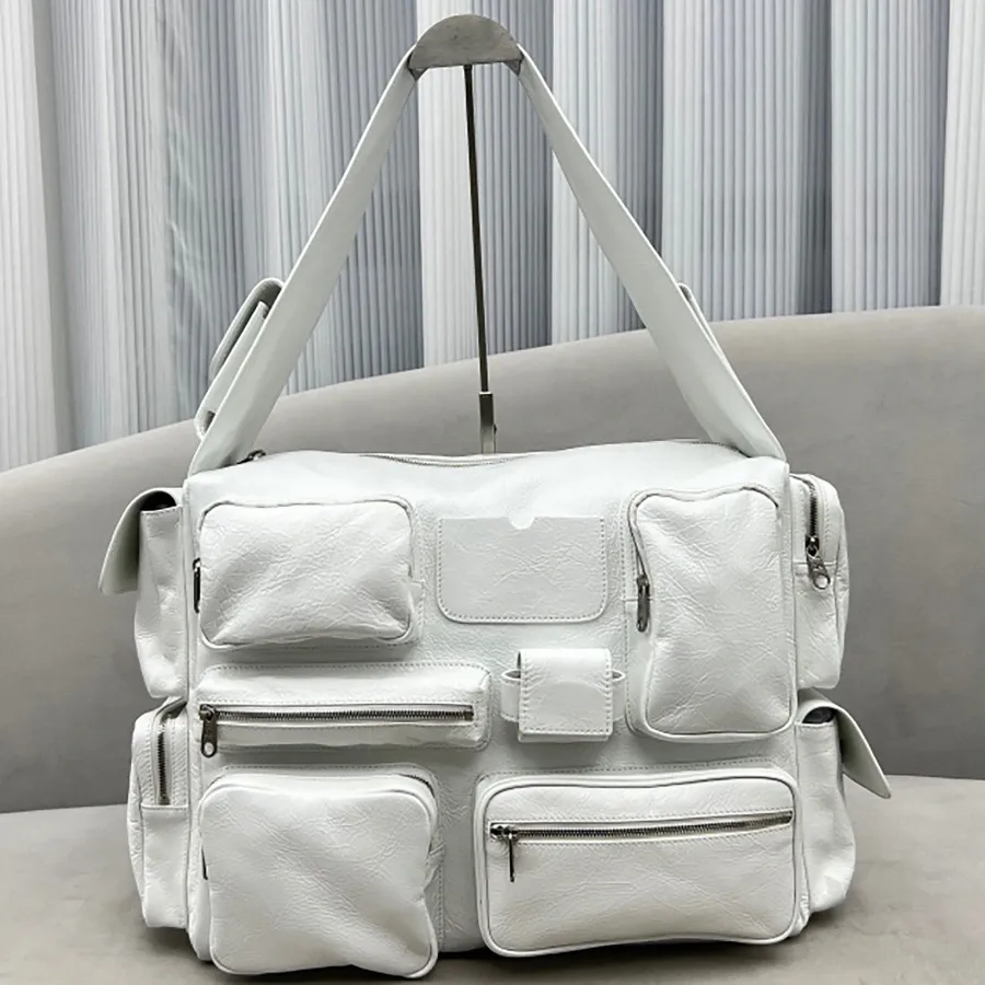 Superbusy Large Sling Bag White Arena Lambskin Aged Silver Hardware Lost Tape Collection Bb Logo Engraved On Zip Puller Rossbodies Messengers Handbags