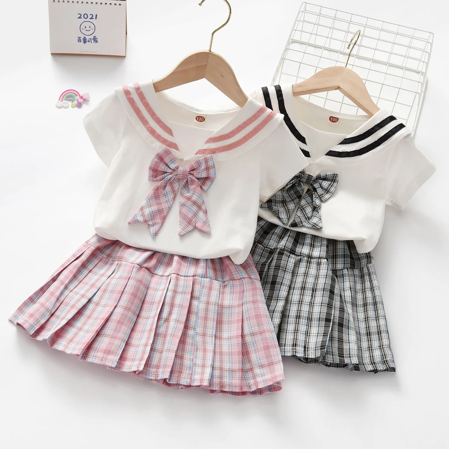 Girl's jurken sets Fashion Girls Summer Princess Plaid Sok Pak kinderschoolstijl uniform geplooide tweedelige set