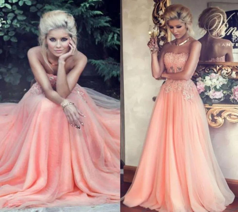 2019 s Peach Prom Dresses Beaded Lace Appliques Polyester Boning ALine Floorlength Chiffon Evening Gown Formal Dress Par6264343