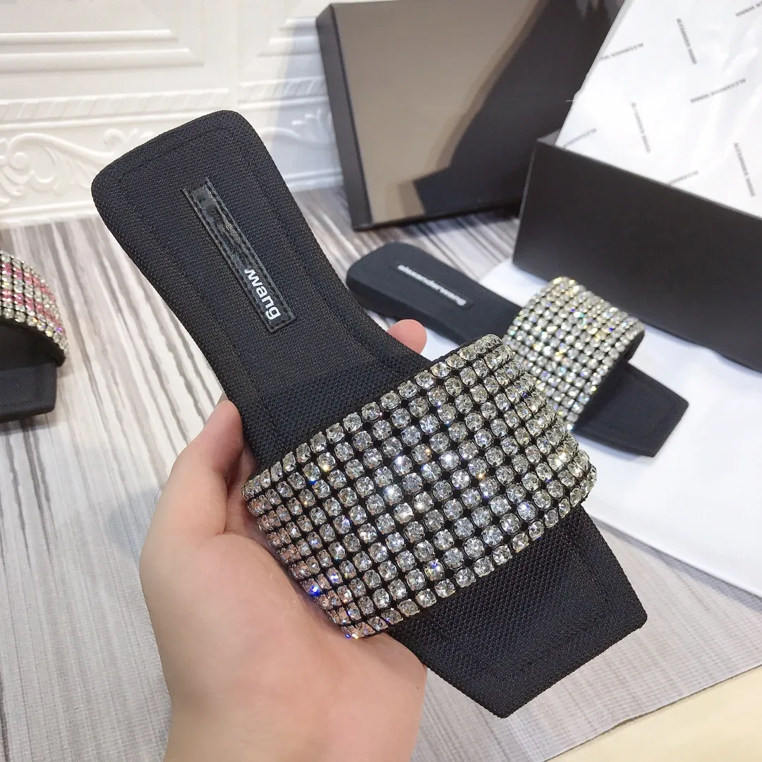 Quality Slipper Sparkling Rhinestone Flat Sandals Women's Shoes Internet Celebrity Square Toe Slippers for Outer Wear