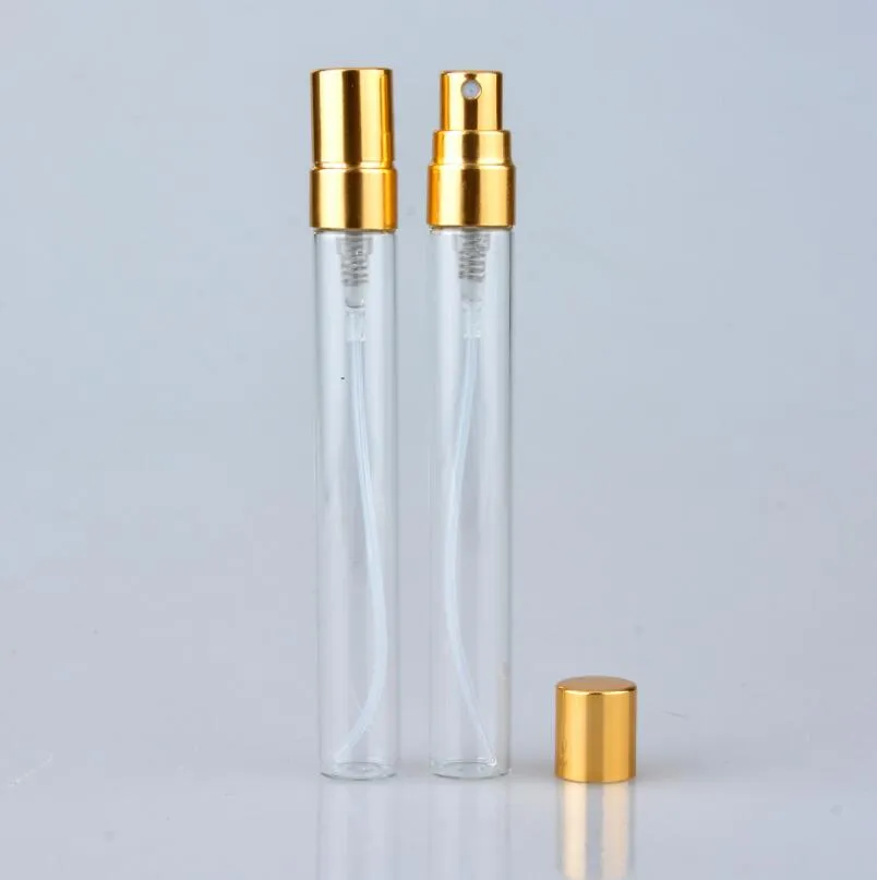 Botella de perfume de vidrio transparente de 10 ml Envases cosméticos vacíos portátiles de viaje con rociador de aluminio LX6833