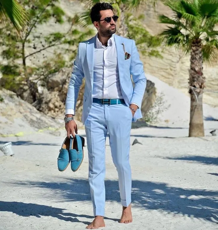 Smoking da sposa azzurro moda per abito 2022 Slim due pezzi sposo in raso da sera abiti da ballo scialle bavero un bottone groomsman abiti da festa con pantaloni