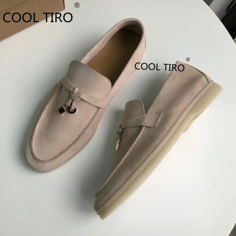 Women s Nude Suede Loafers Slip on Flat Casual Round Toe Metal Lock Genuine Leather Summer Walking Shoes 2024