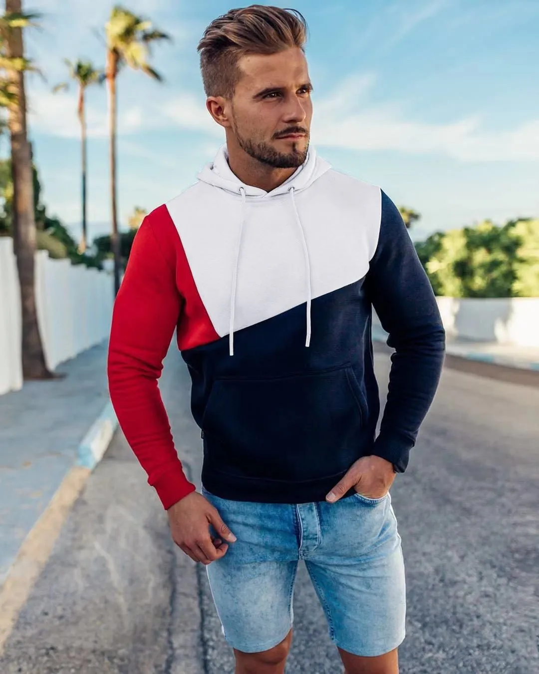 Vestes d'extérieur Hoodies New Men's Wear Pullover Spliced Against Color Casual Elastic Sports Hoodie