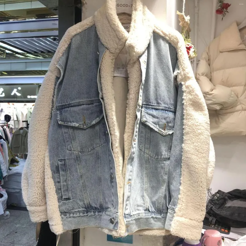 Kvinnors päls The Lamb Wool Stitching denim Europeiska varor plus sammet förtjockande varm jacka "Kvinnor