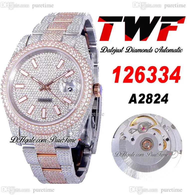 TWF V3 Full Diamonds A2824 Orologio da uomo automatico Whtie Two Tone RG White Stick Markers Quadrante con pavé di diamanti e cinturino in acciaio 904L completamente ghiacciato Orologi Puretime F6