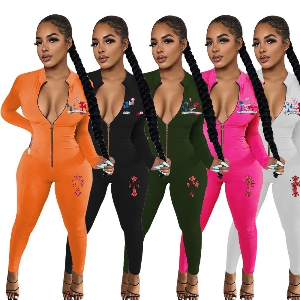 2024 Designer Brand Women Jumpsuit Letter Tryckt Overalls Bodycon One Piece Outfits kläder Lång ärm Romper Pants Stand Collar Jumper Suit Partihandel 8961-5