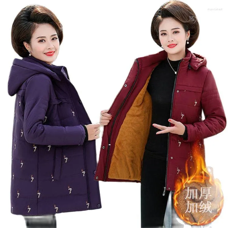 Trench da donna Cappotto in cotone da donna Parka Giacche invernali Giacca stampata con cappuccio medio-lungo Soprabito spesso caldo Abbigliamento da neve Madre