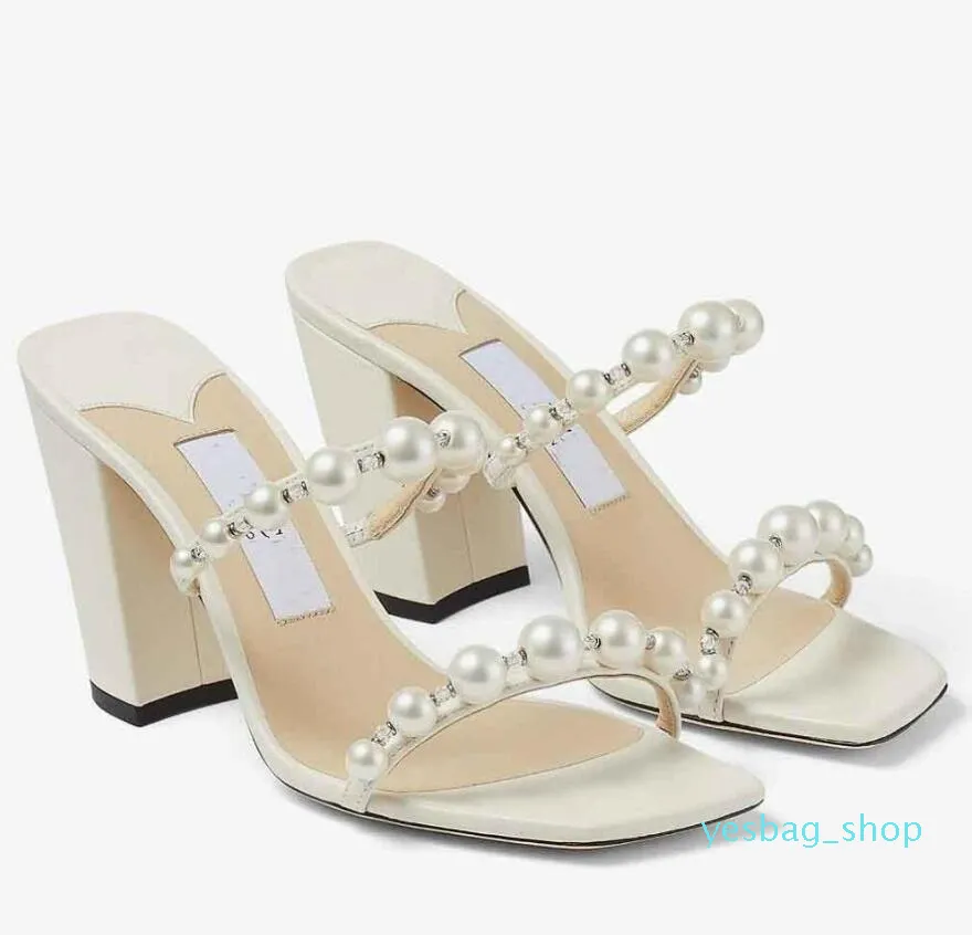 Sandals Shoes Women Nappa Leather Walking EU35-43 Summer Lxuxry Brands Amara with Pearl Strappy Block Heels Comfort Fashion Slipper