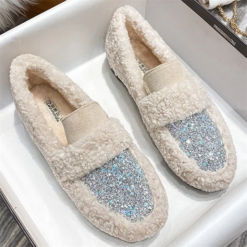 Dress Shoes Boots 2022 Sexy Sequins Upper Design Femme Flat Shoes Women Warm Plush Loafers Winter Curly Sheep Fur Woman Nonslip 221116