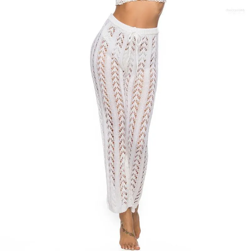 Pantalon femme longue solide mode été couvrir Crochet tricoté plage vacances respirant jambe large lâche femmes Sexy femmes