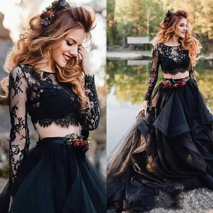 Abito da sposa nero gotico A-Line Due pezzi Abiti da sposa Pizzo Manica lunga Organza Ruffles Tiers Gonna Boho Beach Abiti da sposa Vestidos De Novia 2023