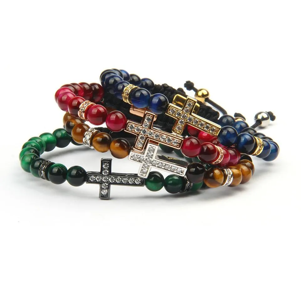 Charm Armband Nya designpar Jesus armband smycken grossist 10st/parti 6mm naturliga tiger ￶gonstenp￤rlor med tydliga CZ kors dheum