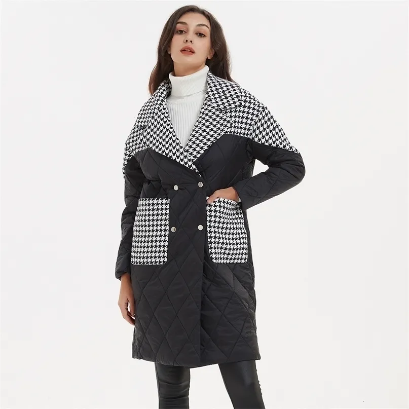 Kadınlar Down Parkas Malina Turn -yaka Moda Patchwork Houndstooth Coats Zarif gevşek uzun pamuklu ceket kadın bayanlar jp 221115