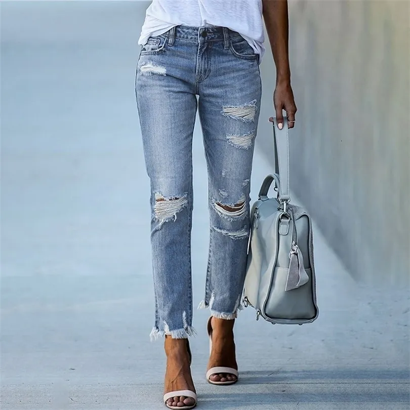 Jeans Feminino Calça Lápis Rasgado Slim Fit Cintura Alta Vintage Streetwear Casual Moda Elástica Azul Mulher 221115