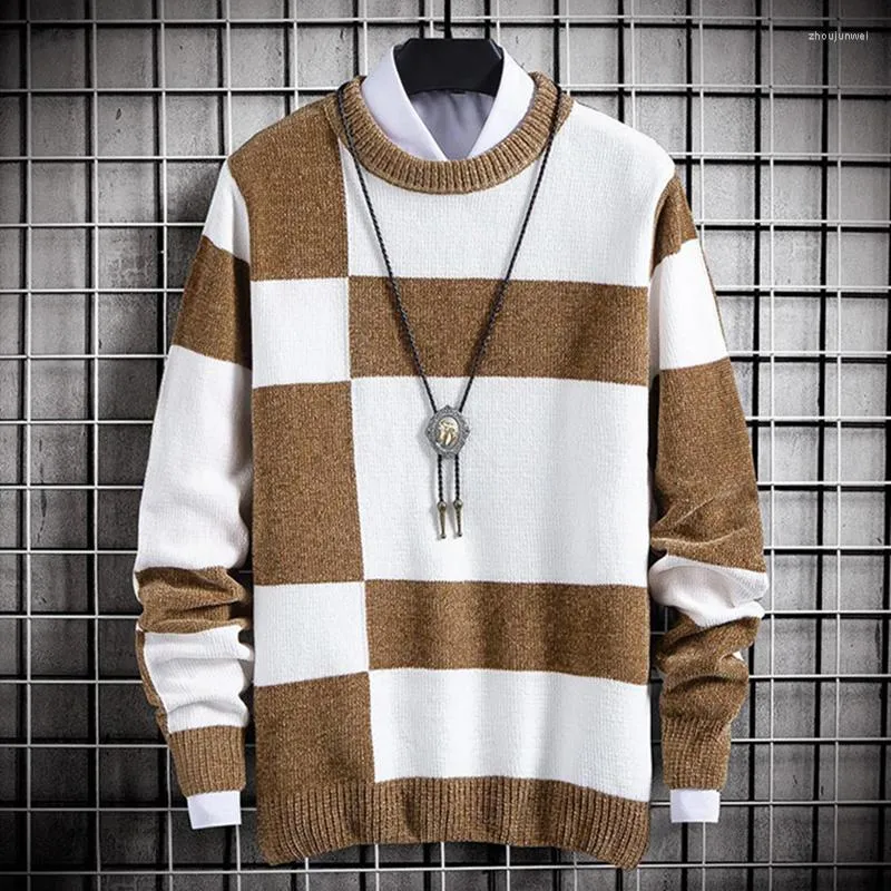 Men's Sweaters Spring Autumn Nylon Men's Sweater Round Collar Long Sleeve Pullover Loose Knitted Plaid Fashion Casual