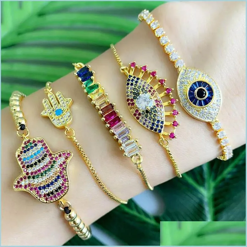 Charm Bracelets Rainbow Crystal Hand Eye Bracelets Gold Pl Adjustable String Chains Diamond Women Bracelet Fashion Jewelry Drop Deliv Dhbyg