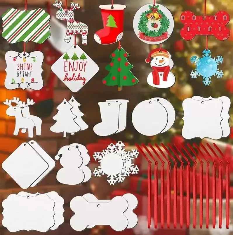 Nya jul sublimering av tr￤ tomma h￤ngsmycken prydnad dubbelsidig mdf dekorationer h￤nge tomt bulk tr￤d minnesskivor leveranser f￶r DIY RRA592