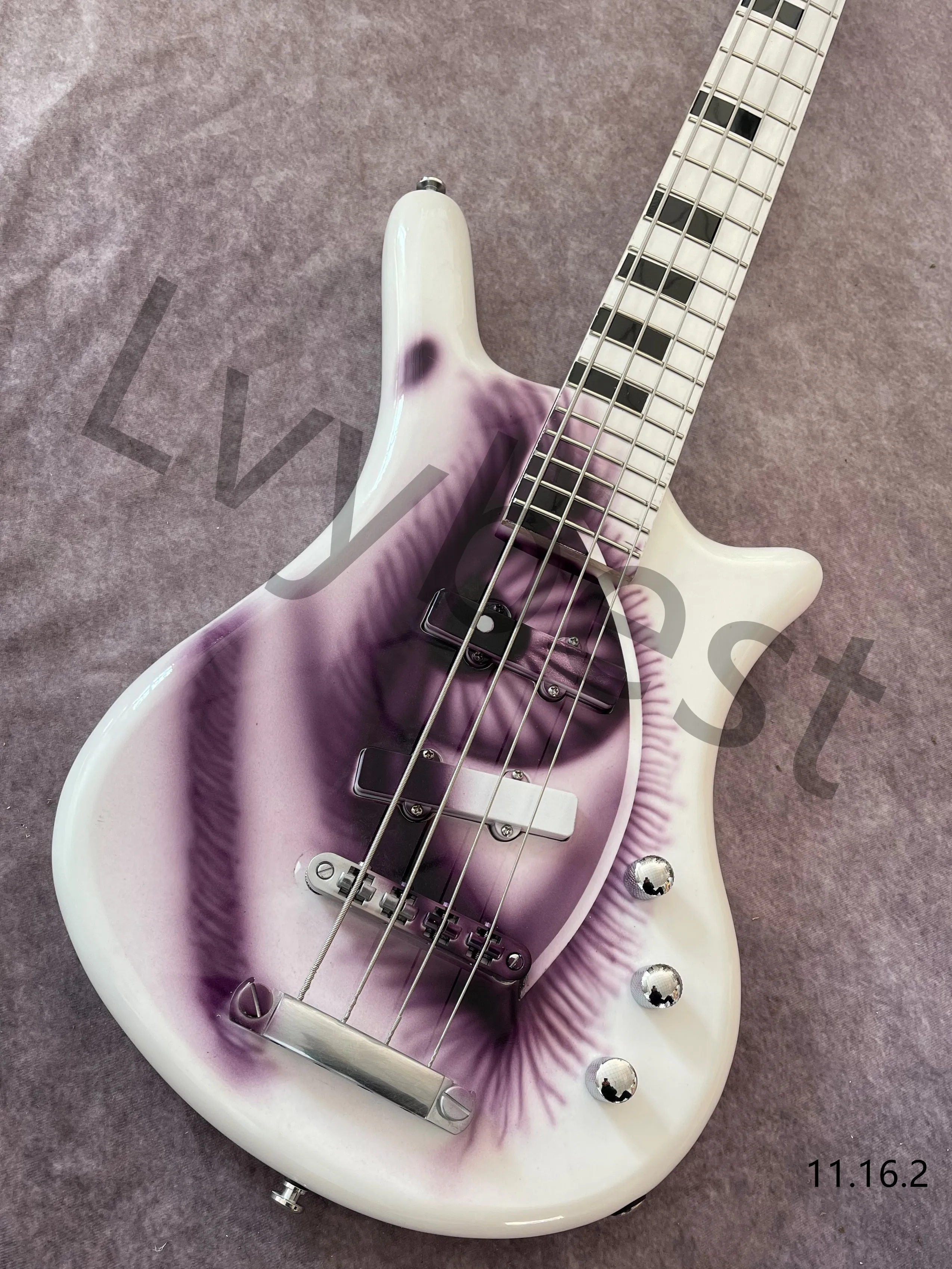 Guitare basse électrique, avec dessin à la main, œil violet, blanc, couleur unie, incrustation de bloc noir, pièces chromées