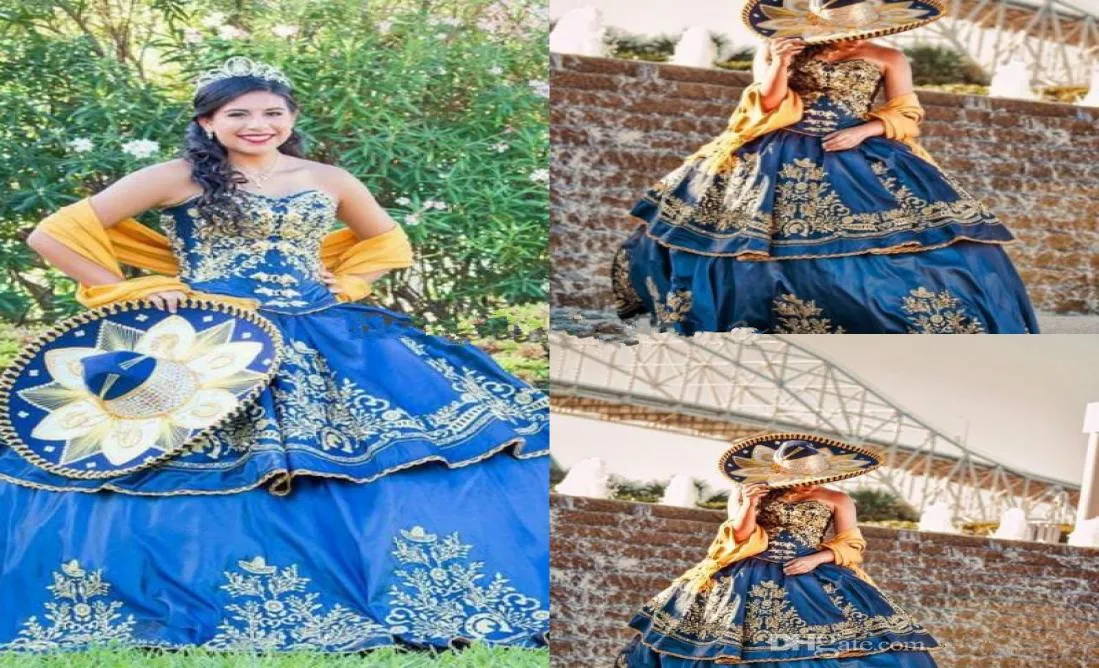 Meksykański Quinceaera luksus detale złota haft haftowe sukienki Quinceanera 2019 maskaradowa suknia balowa królewska niebieska sweety 16 dziewcząt Prom Pa1842745