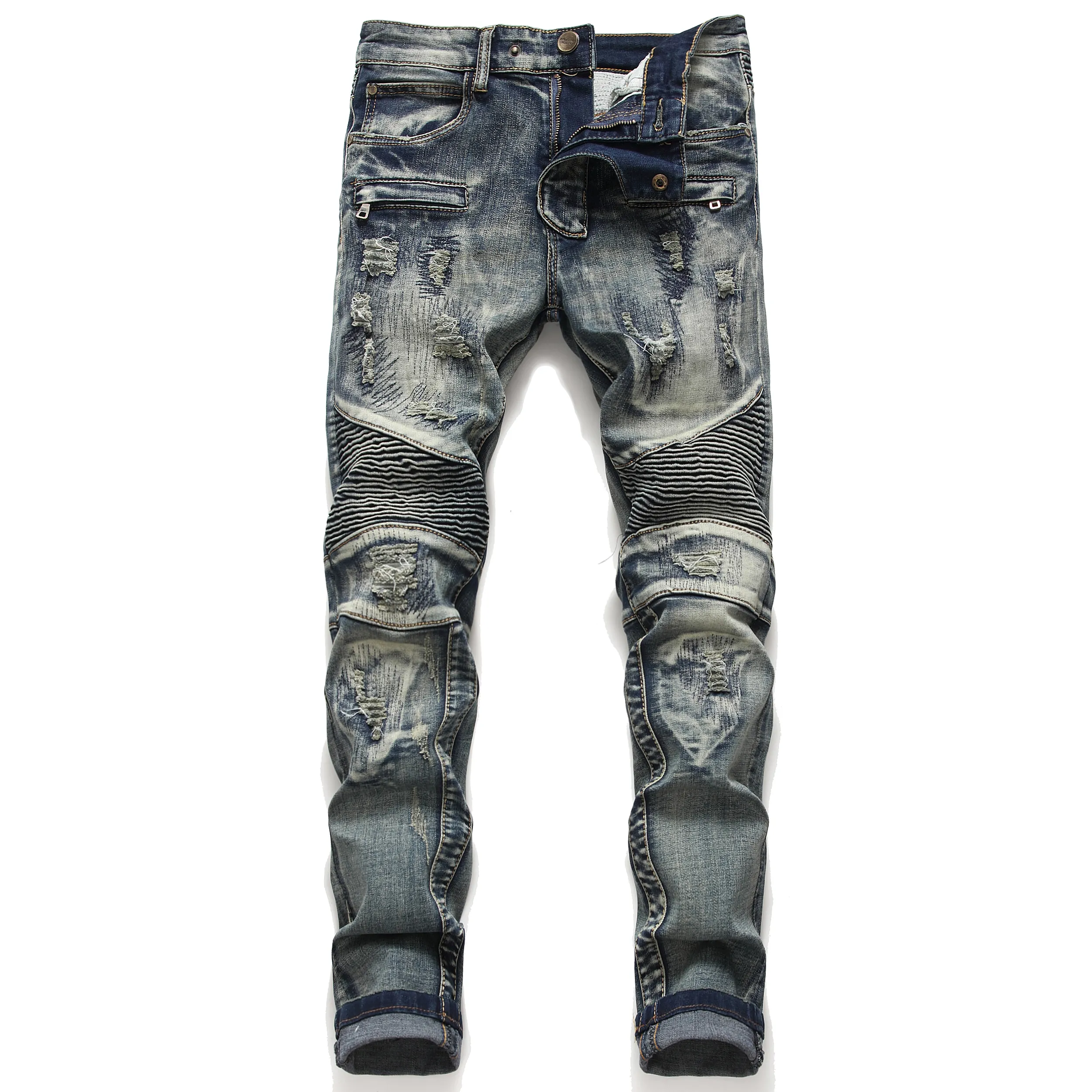 Vintage Pants Kot Patchwork streç siyah erkek jean ince fit moto bisikletçisi nedensel denim pantolon hip hop 29-38