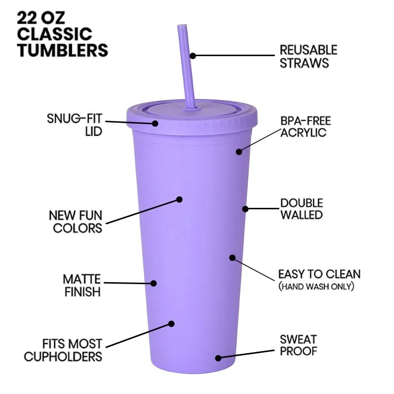 Avec des tasses de paille 22OZ gobelet coloré double couches bouteille droite tasse d'eau tasse à café plaine en plastique givré bouteilles de sport mer expédition RRC402