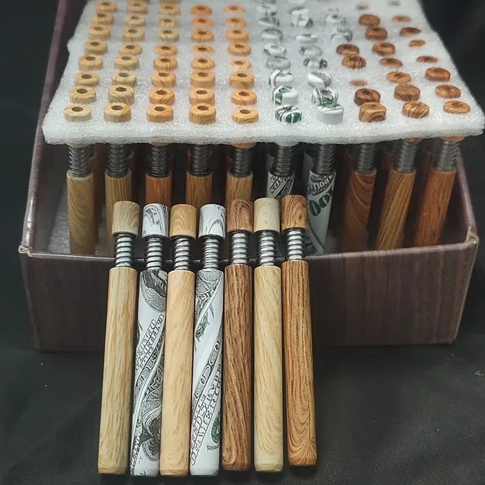 Smoking Pipe Cigarette Shape 100Pcs a lot 78mm Wood Grain Pipe Mini Hand Tobacco Snuff tube Aluminum Ceramic Bat Accessories Spring Catcher Taster