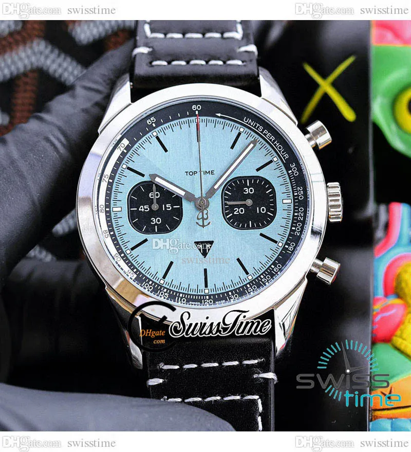 Top Time Triumph Miyota Quartz Chronograph Mens Watch A23311121C1X1 Steel Case Ice Blue Dial Stick Markers Black Leather With White Line Stopwatch Swisstime C141A1
