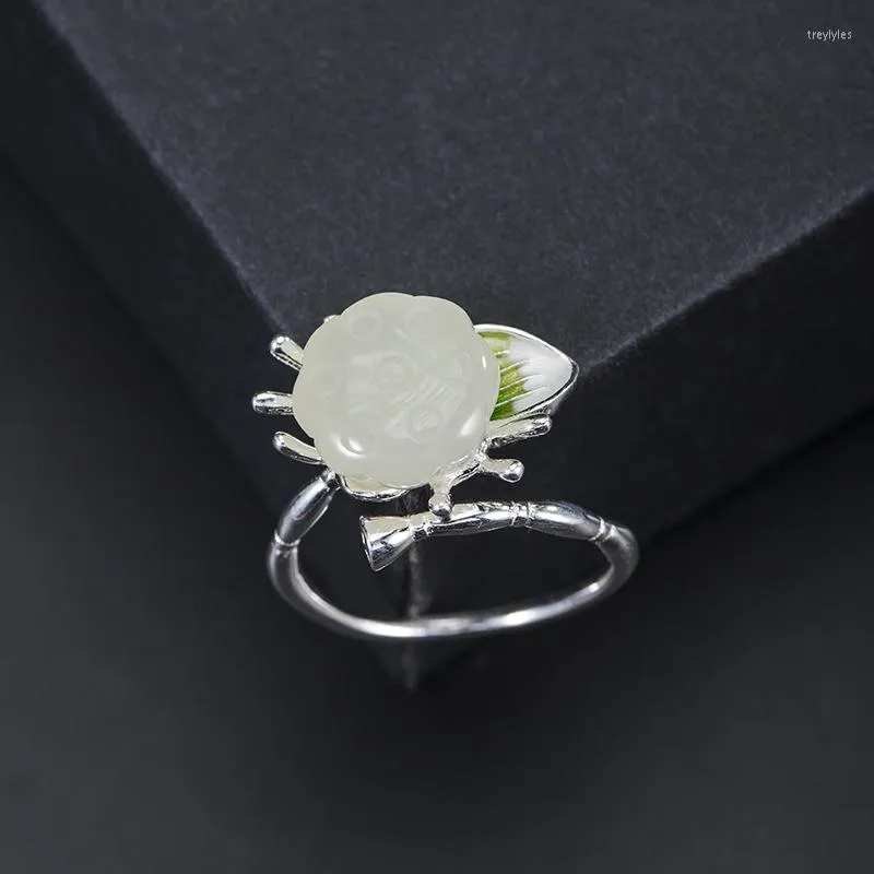 Cluster Rings Original 925 Sterling Silver Ethnic Jade Ring Jewelry For Women Chinese Style Lotus Pod Adjustable Open Wholesale JZ043