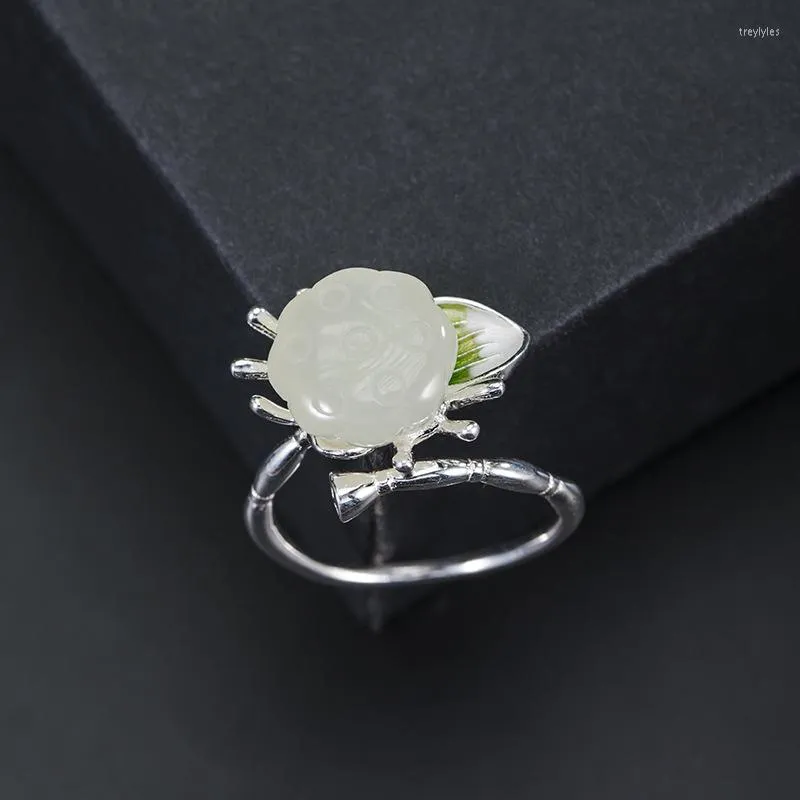 Clusterringen Originele 925 Sterling Silver Ethnic Jade Ring Sieraden voor vrouwen Chinese stijl Lotus Pod Verstelbaar Open Groothandel JZ043