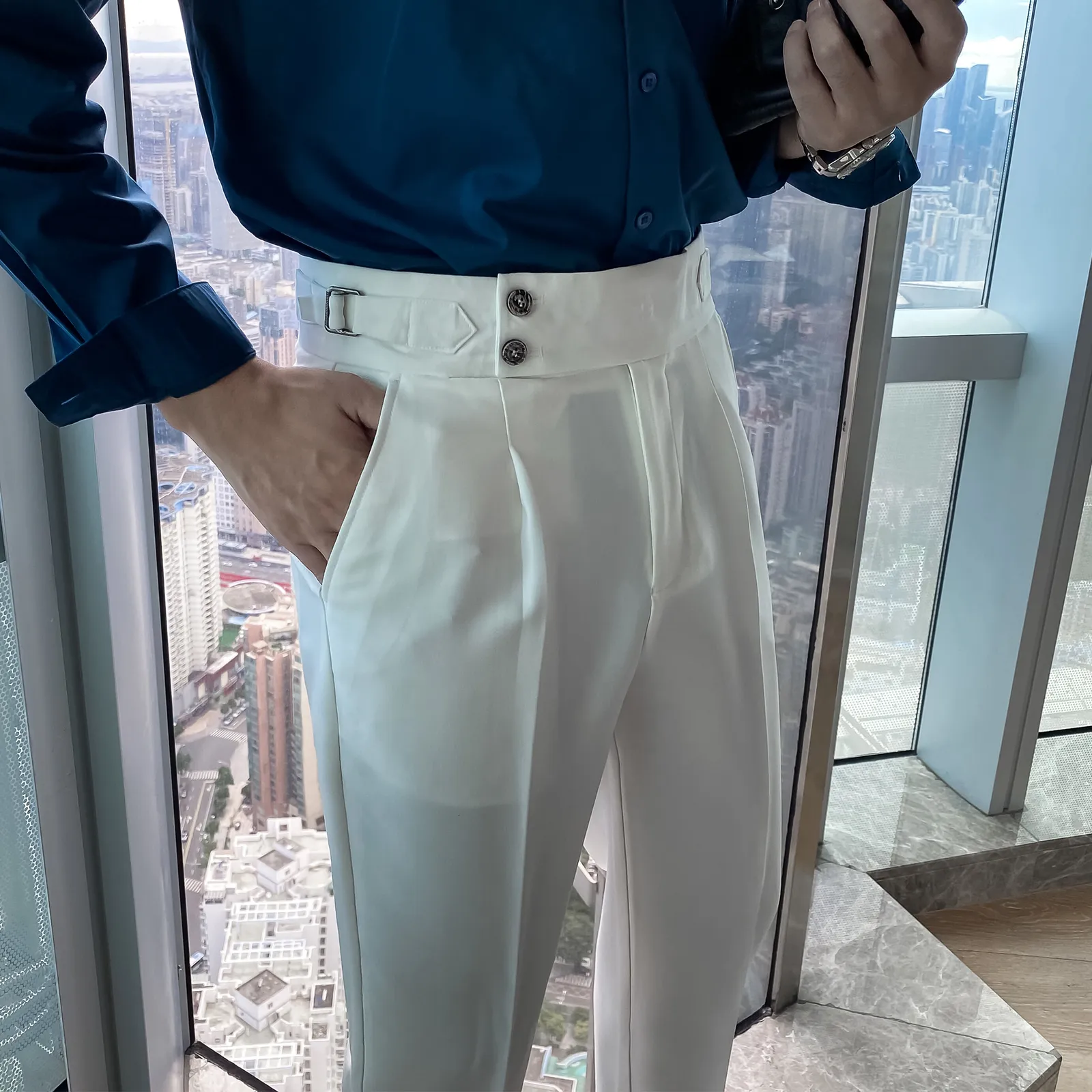 Slim Fit High Waist Mens Trousers Pants - Solid Color, Business Casual ...