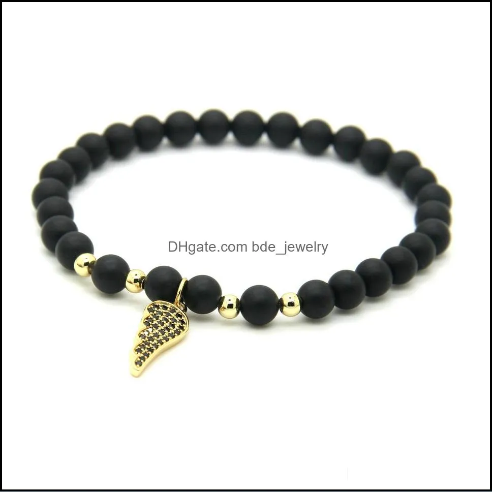 Charm Bracelets Design Micro Inserts Black Cz Wings Lucky Bracelet Jewelry 6Mm Matte Agate Stone Beads 4Mm Copper Drop Delivery Brace Dhqaz