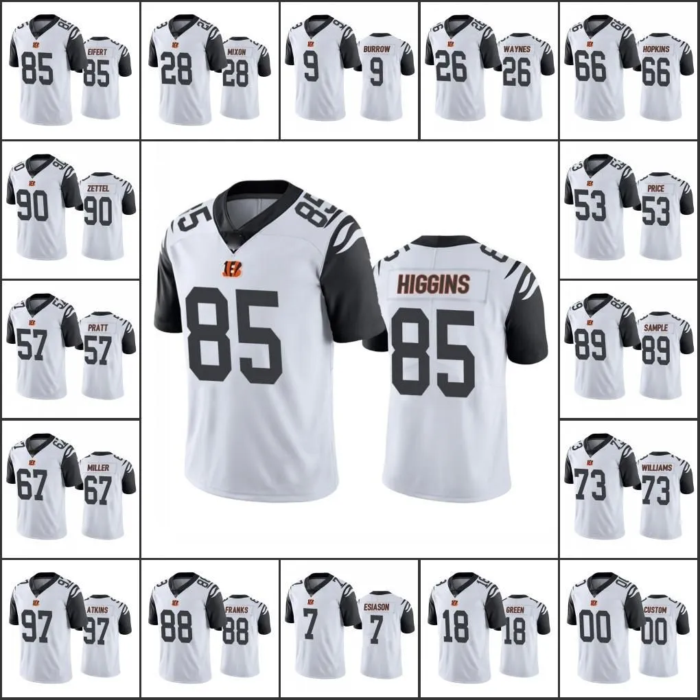 Custom Jersey Großhandel Custom Cincinnatibengalsmen #9 Burrow 90 Zettel 18 Green 28 Joe Mixon Frauen Jugendfarbe Rush Limited Trikots