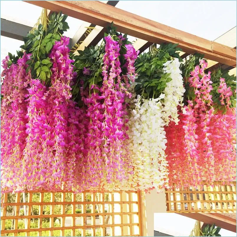 Dekoratif Çiçek Çelenkler 1 Metre Arifik Çiçek Rattan Zarif Wisteria Asma Düğün Süslemeleri için Buket Asma Çelenk D DHHJC