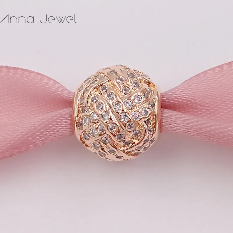 Nenhuma cor desbotada fora de ouro rosa sólido nó de amor espumante com encantos cz pandora para pulseiras diy jewlery fazendo miçangas soltas jóias prateadas por atacado 781537cz annajewel