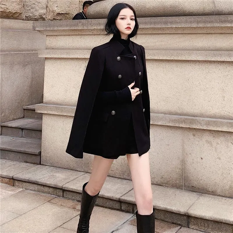 Women's Wool Blends Winter black cape coat can be used with loose stand collar medium long woolen for women 221117