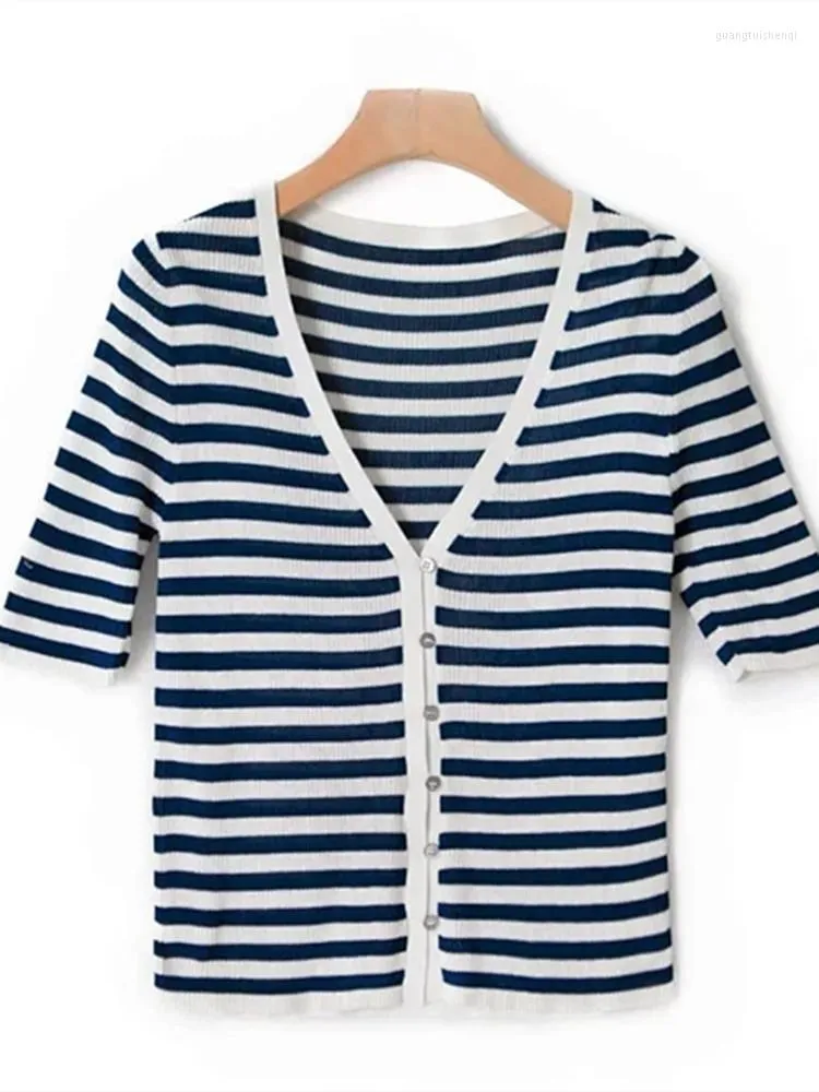 Women's Knits Women's Short Sleeve Knit Cardigan Stripes Jumper V-neck Single Breasted Slim Sweater 2022 Summer