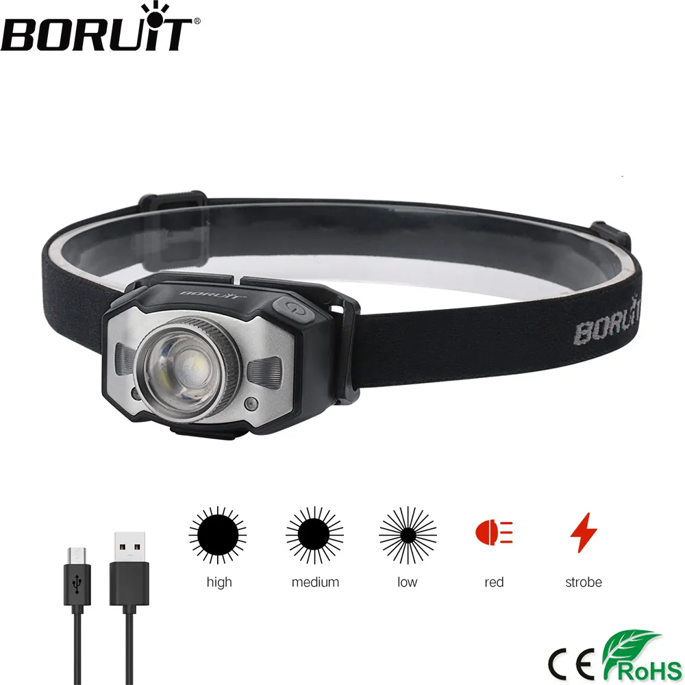 Faróis BORUiT B33 Sensor de movimento LED Mini farol XPG2 3030 Red Light Zoom Farol USB Recarregável Lanterna de cabeça Lanterna de pesca 221117